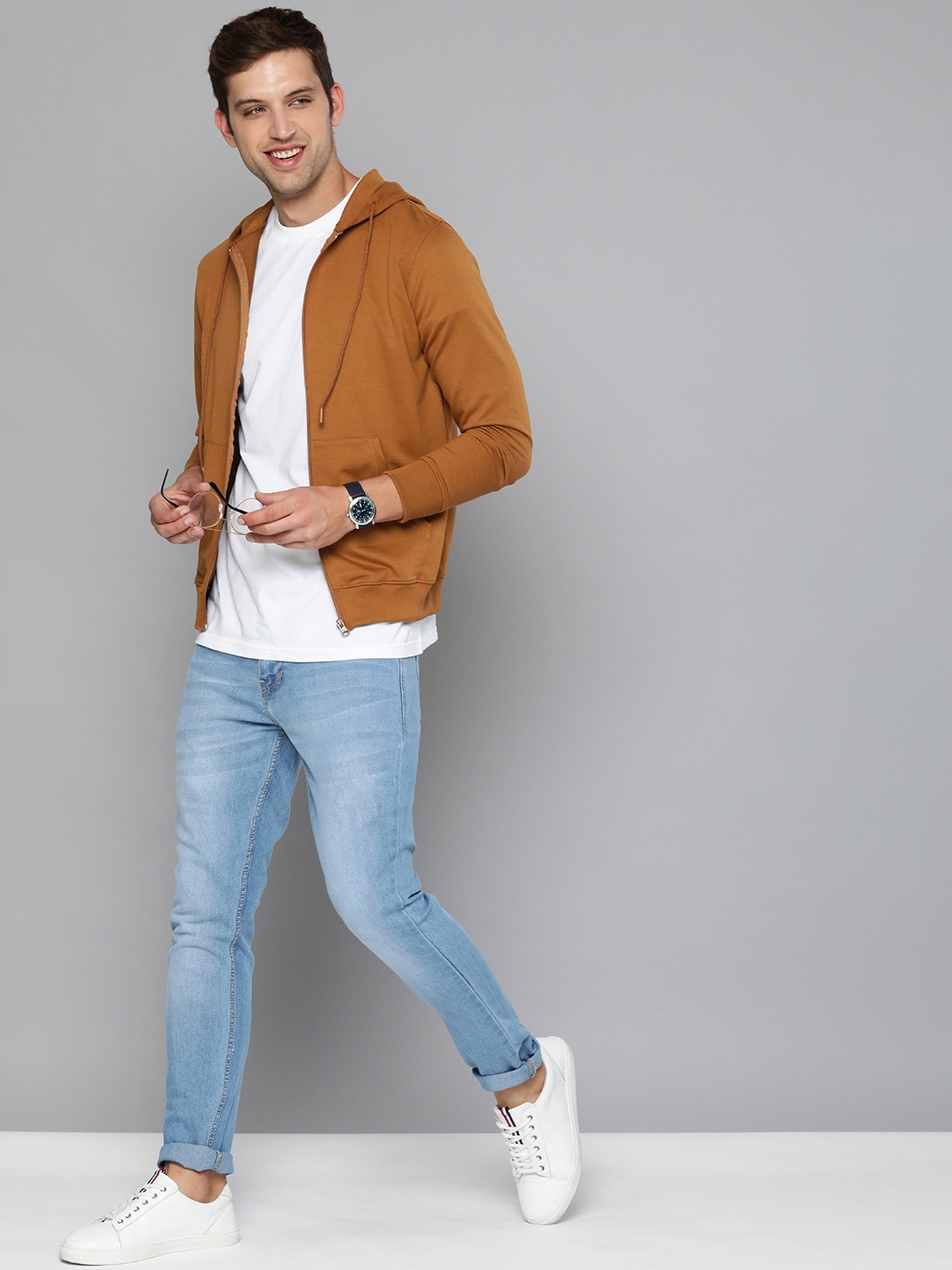 

Mast & Harbour Men Khaki Solid Open-Front Hooded Sweatshirt