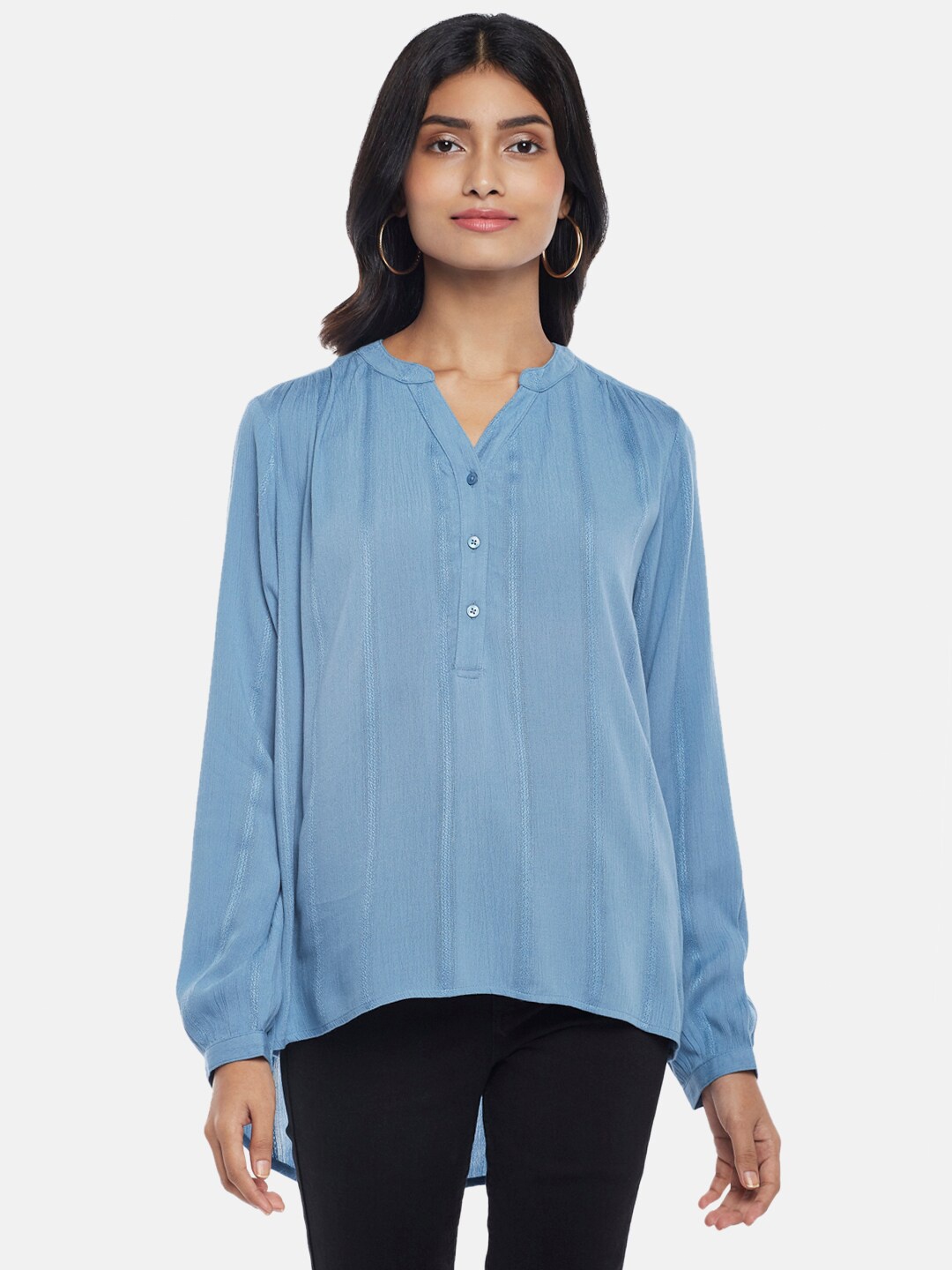 

Honey by Pantaloons Women Blue Solid Mandarin Collar Tunic