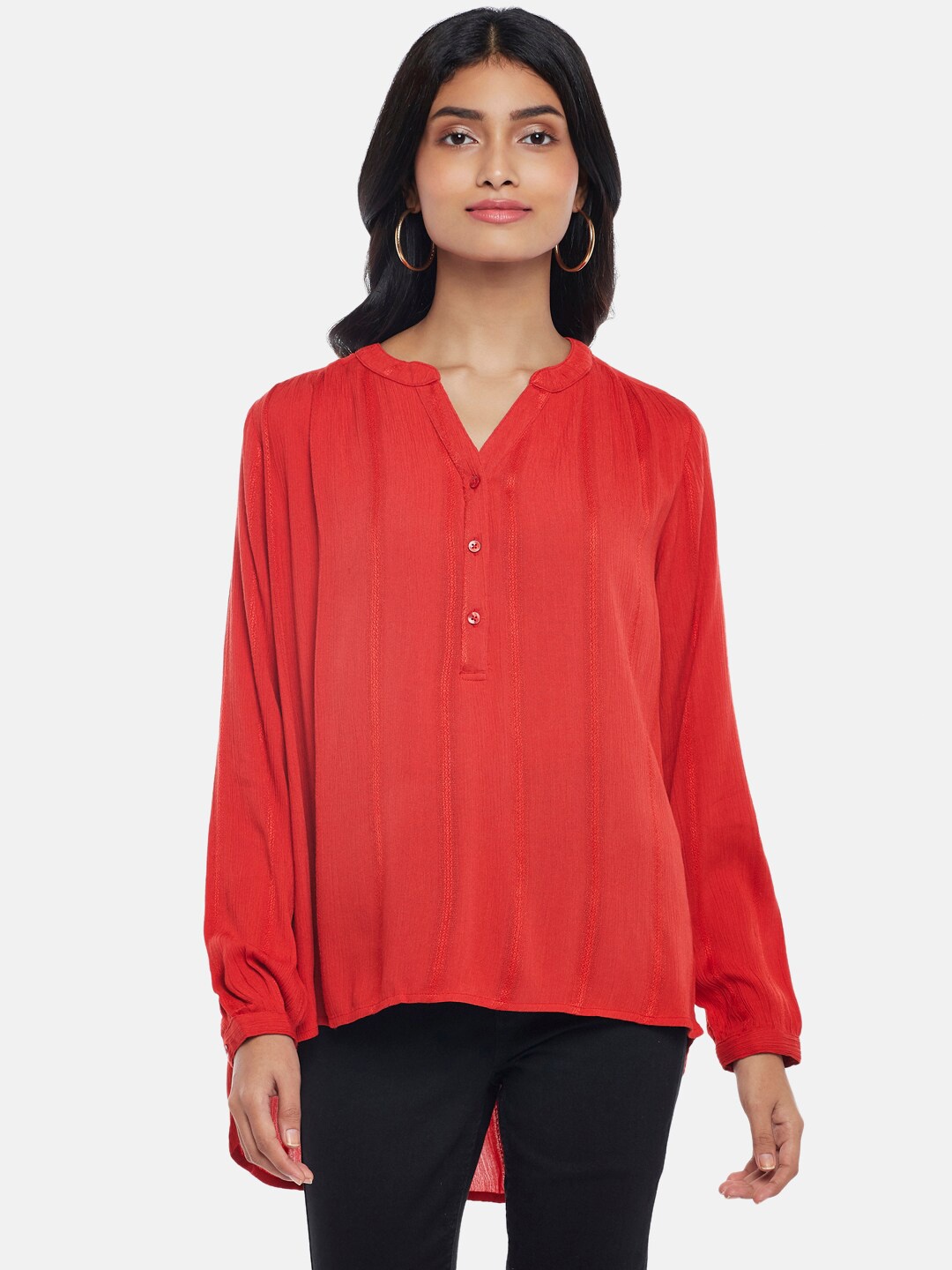 

Honey by Pantaloons Women Red Solid Mandarin Collar Tunic