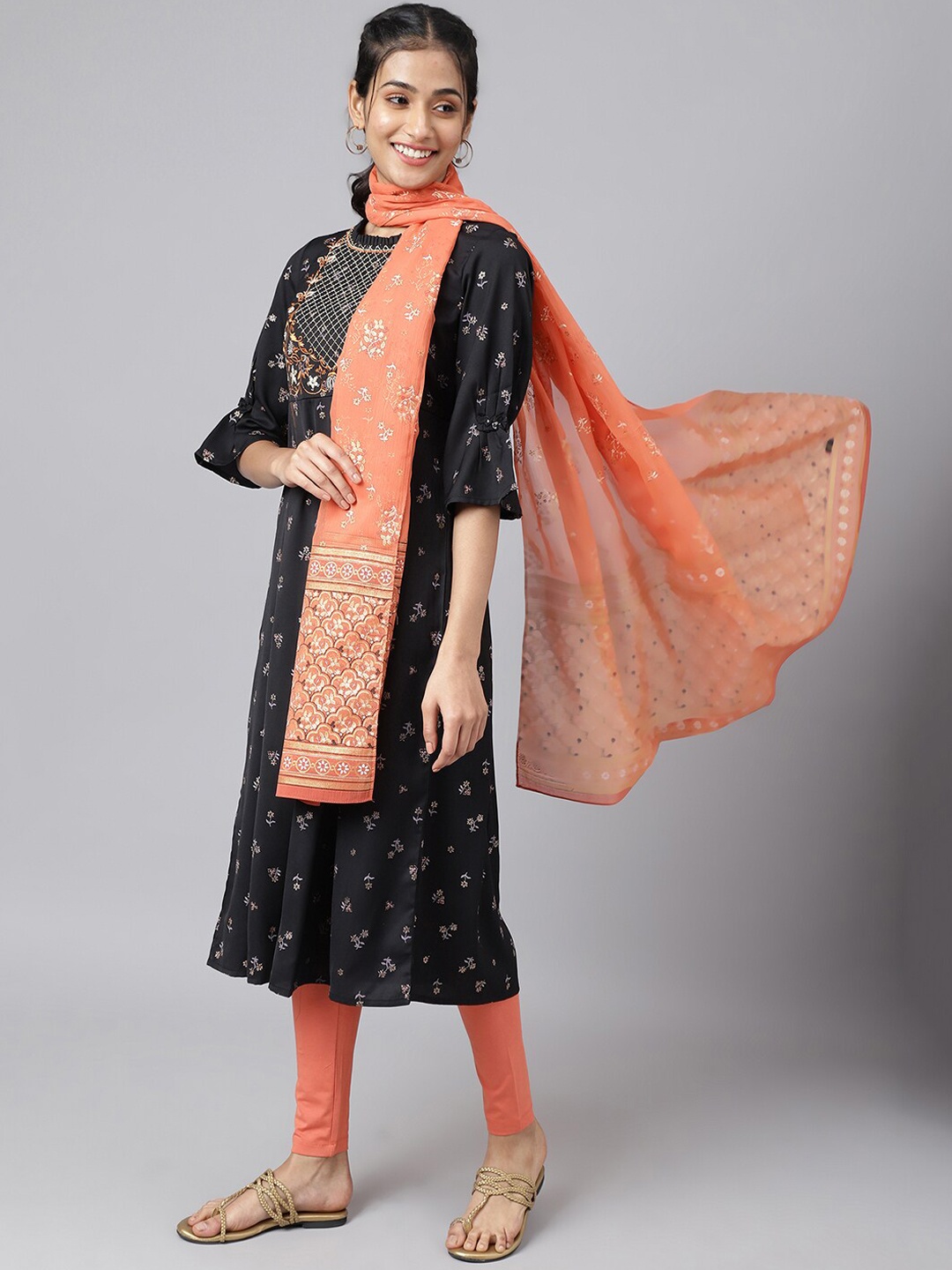 

AURELIA Women Black Ethnic Motifs Layered Kurta with Trousers & With Dupatta