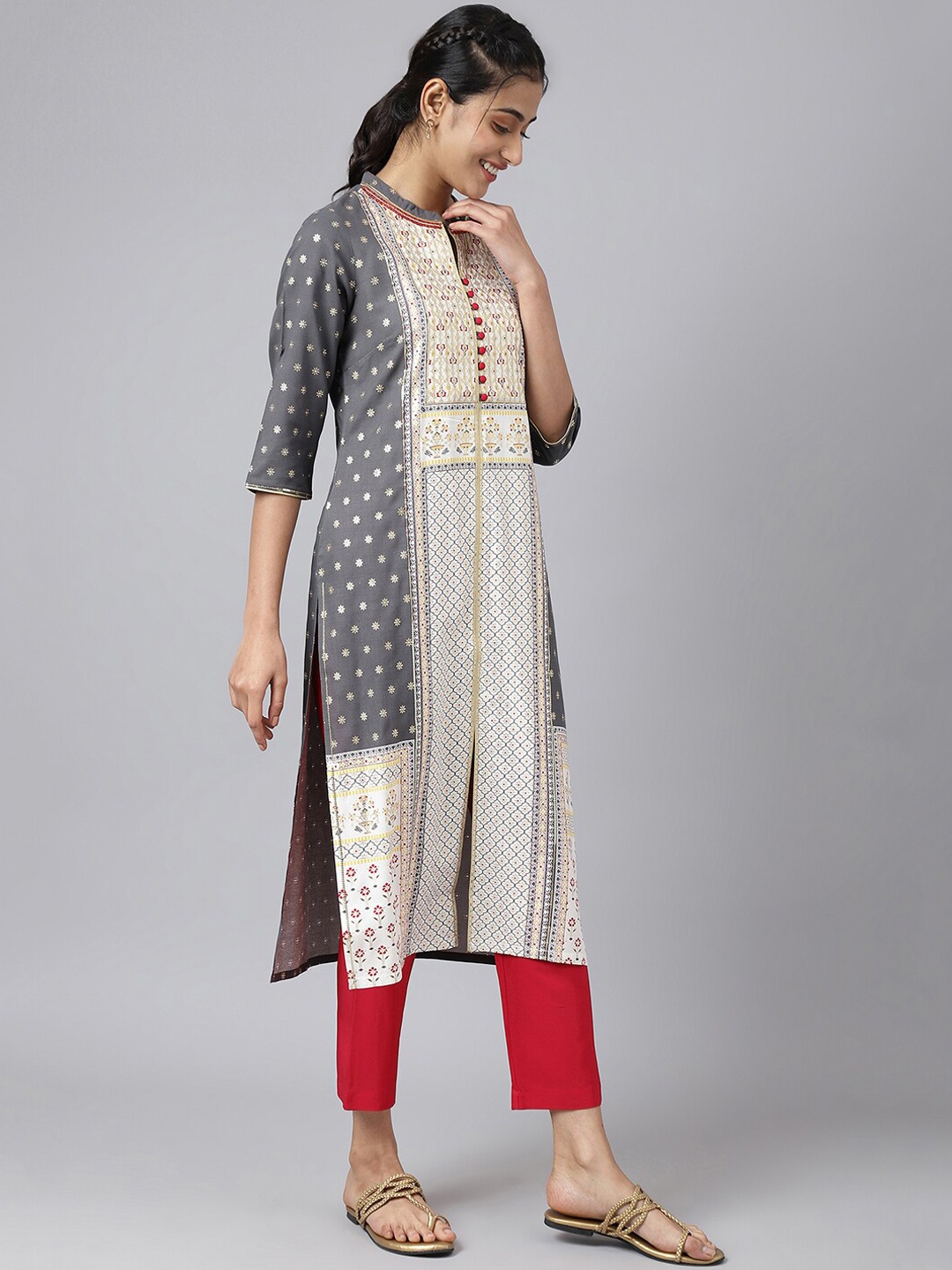 

Aurelia Women Grey Floral Print Viscose Kurta Set with Trousers & Dupatta