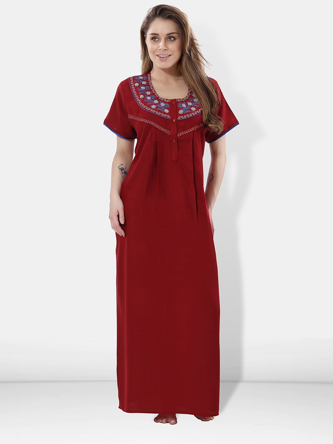 

Be You Women Maroon Embroidered Maxi Nightdress