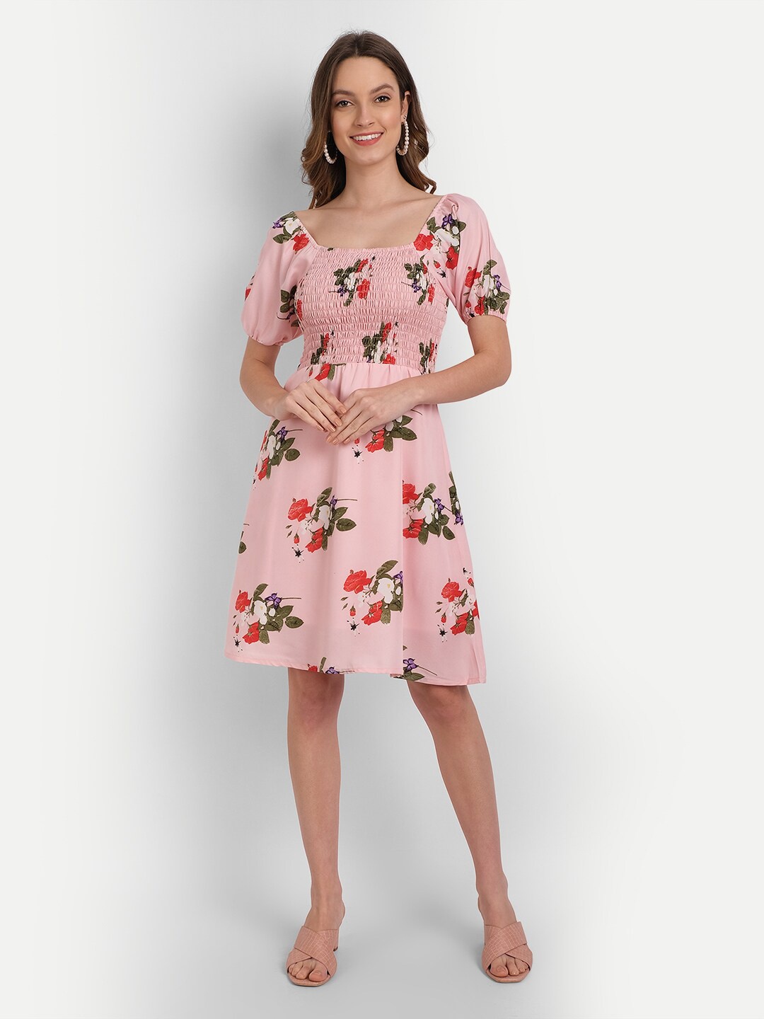 

Rediscover Fashion Pink Floral Smocked Crepe Dress