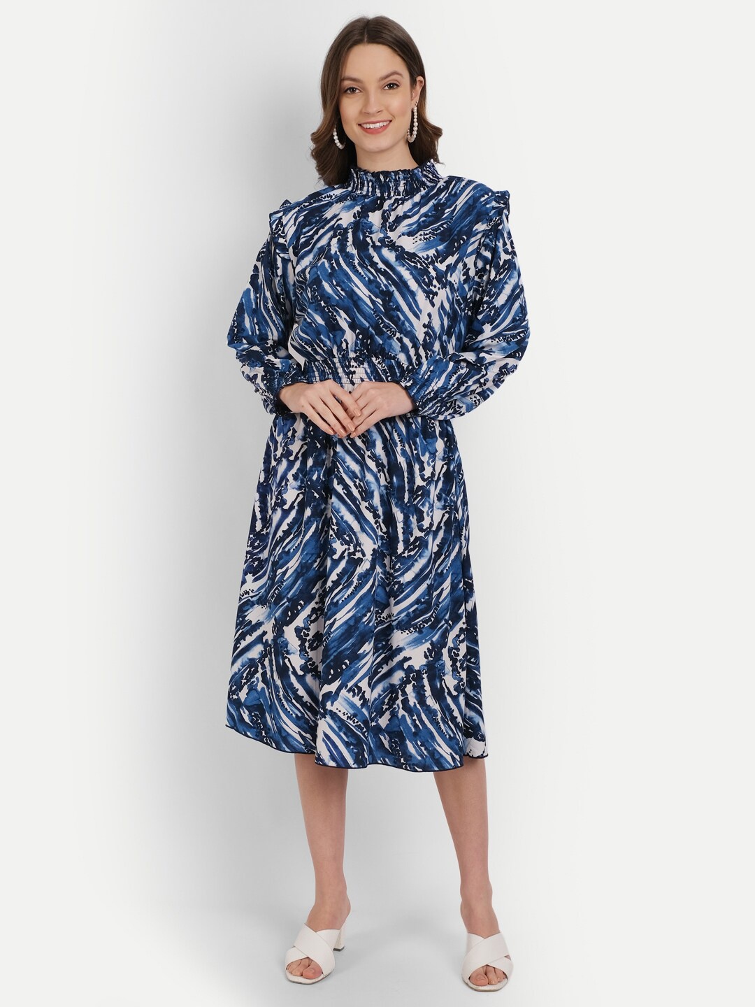 

Rediscover Fashion Women Navy Blue Printed Crepe A-Line Dress