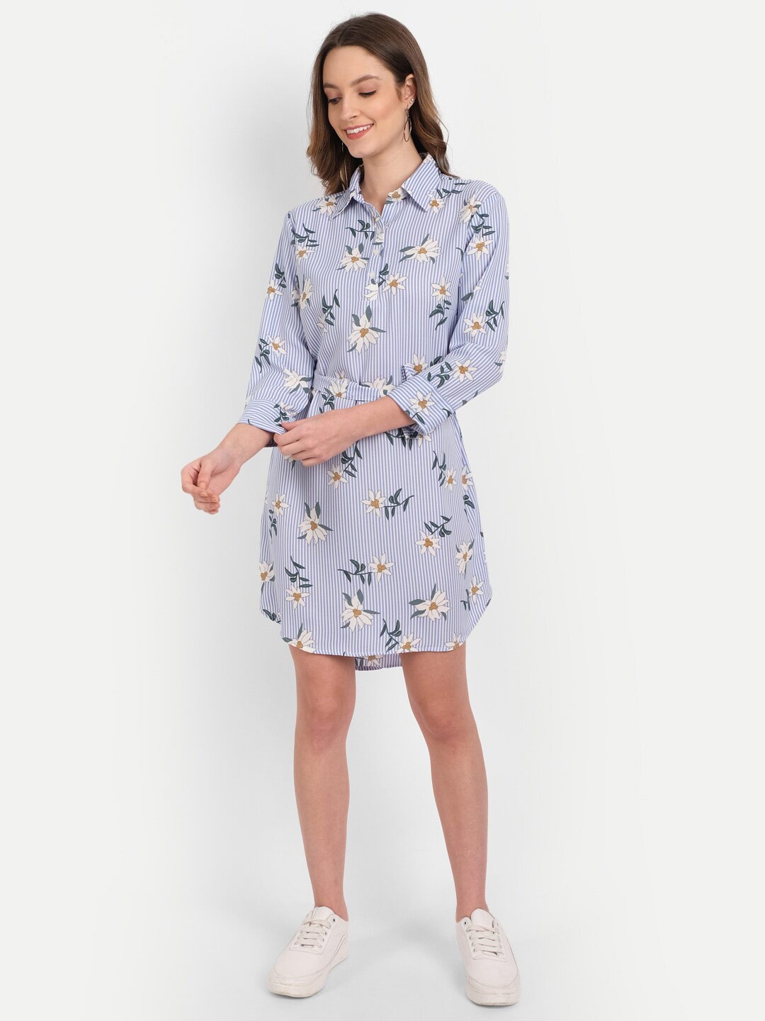 

Rediscover Fashion Blue Striped Floral Print Crepe Shirt Dress