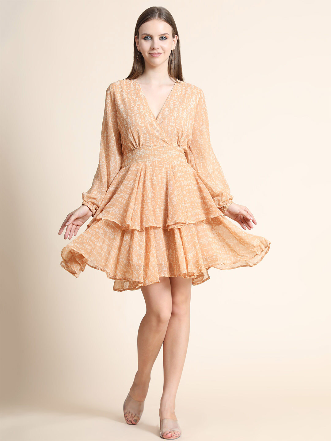 

Rediscover Fashion Beige Floral Layered Georgette Dress