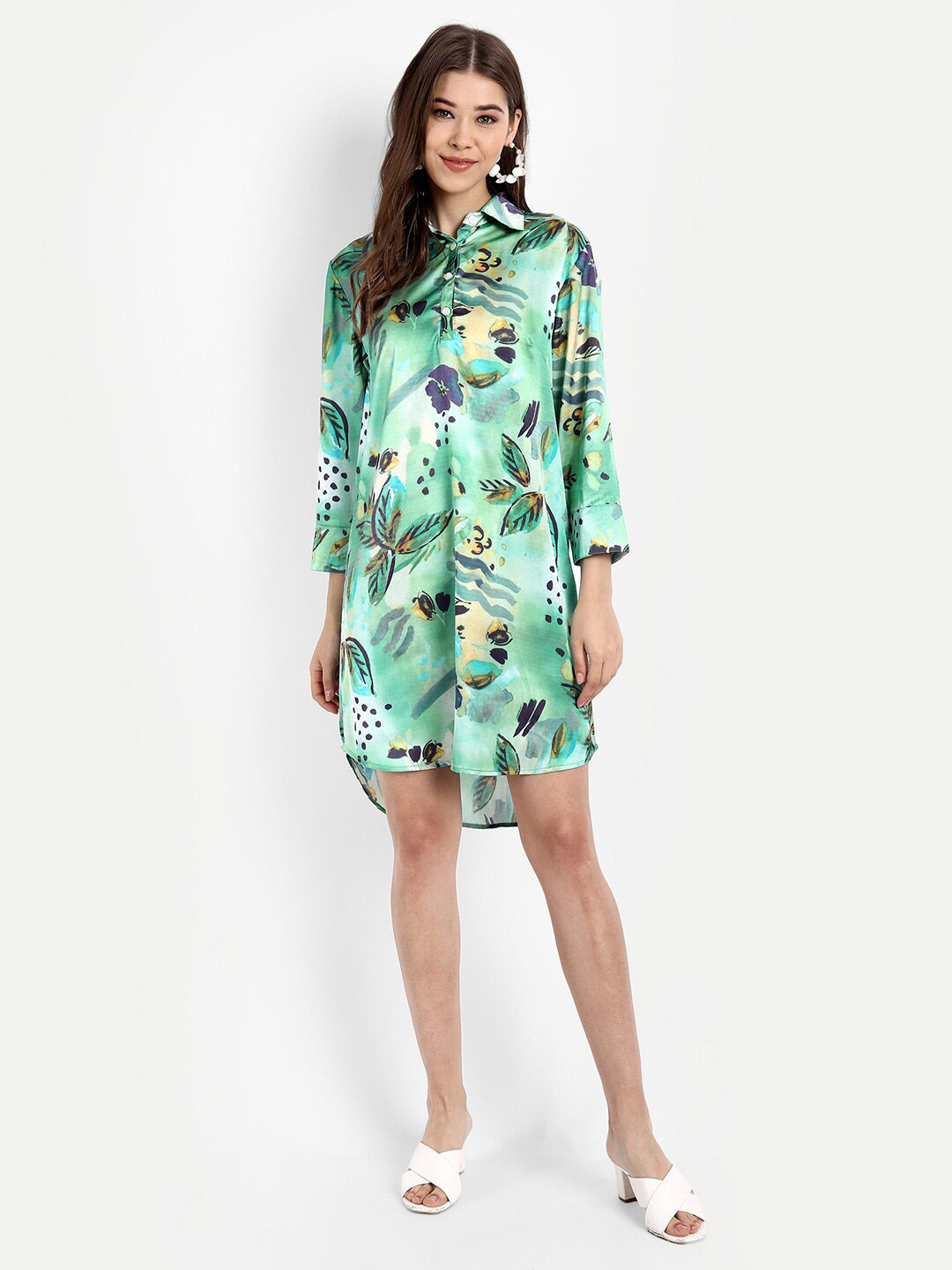 

Rediscover Fashion Sea Green Ocean Print Satin Shirt Dress