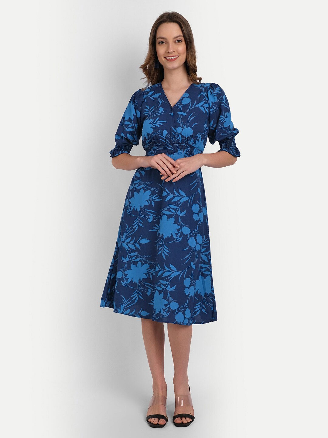 

Rediscover Fashion Navy Blue Floral Crepe Midi Dress