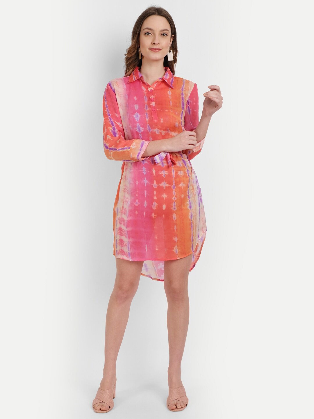 

Rediscover Fashion Orange Tie & Dye Crepe Shirt Dress