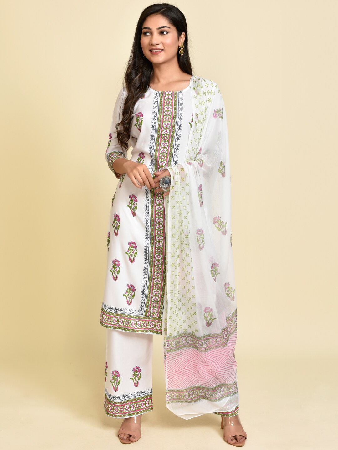

Wyfees Women White Floral Embroidered Pleated Kurti with Palazzos & With Dupatta