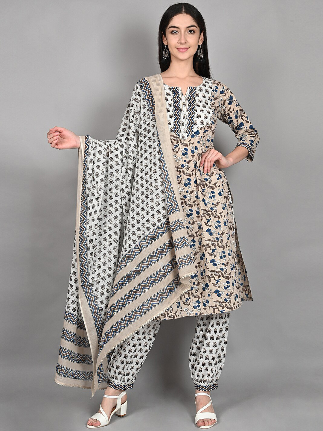 

Wyfees Women Beige Floral Yoke Design Pure Cotton Kurta with Salwar & With Dupatta