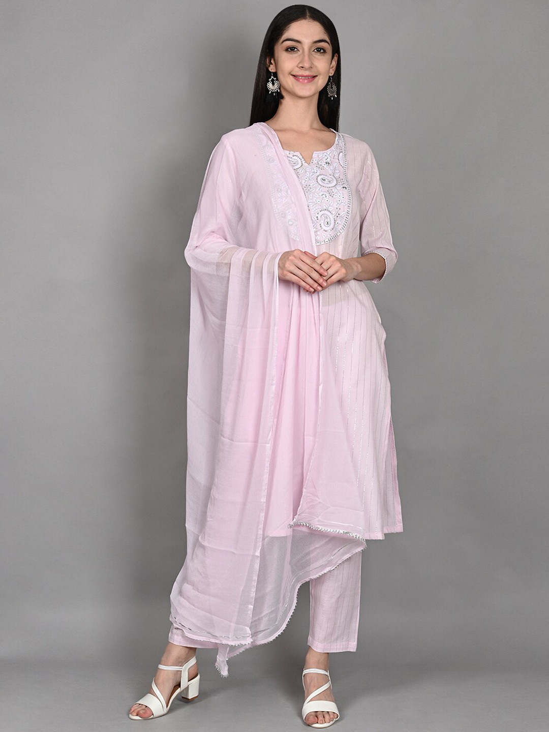 

Wyfees Women Pink Yoke Design Pure Cotton Kurta with Trousers & Dupatta