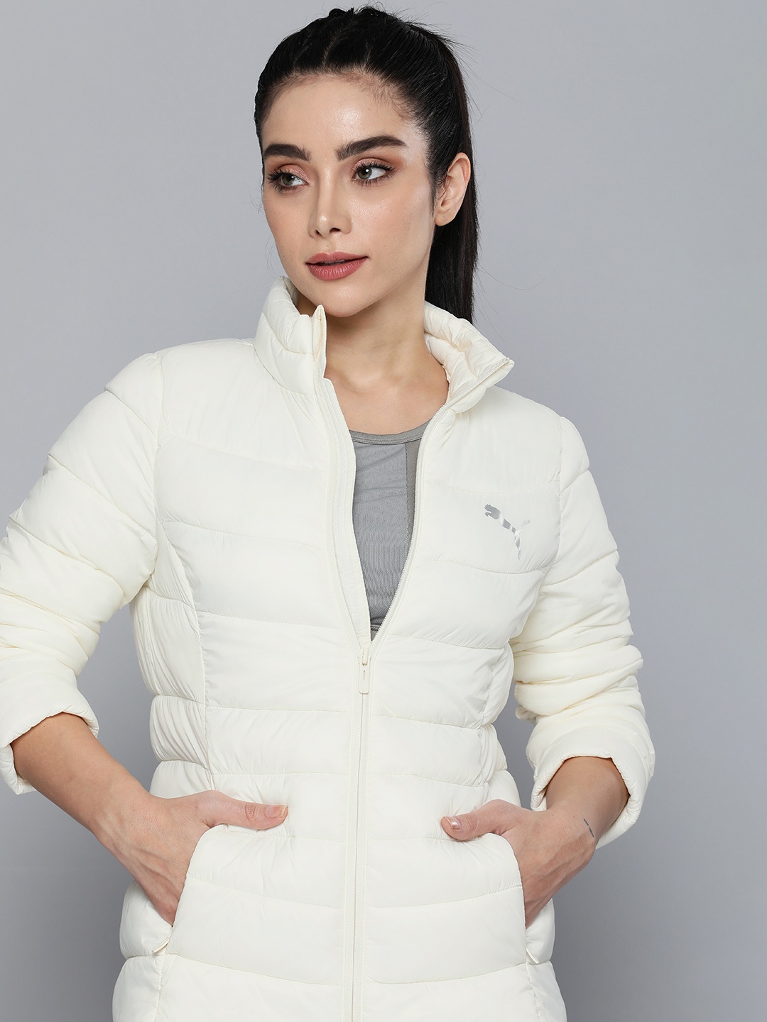 

Puma Women White Solid Mock Collar Outdoor Padded Jacket