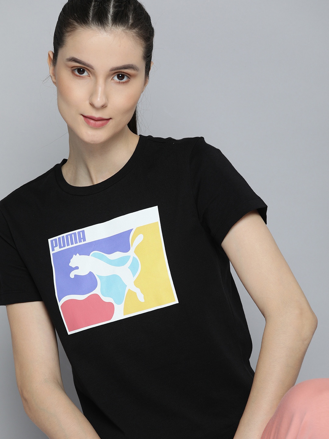 

Puma Women Regular Fit Brand Logo Printed Pure Cotton T-shirt, Black