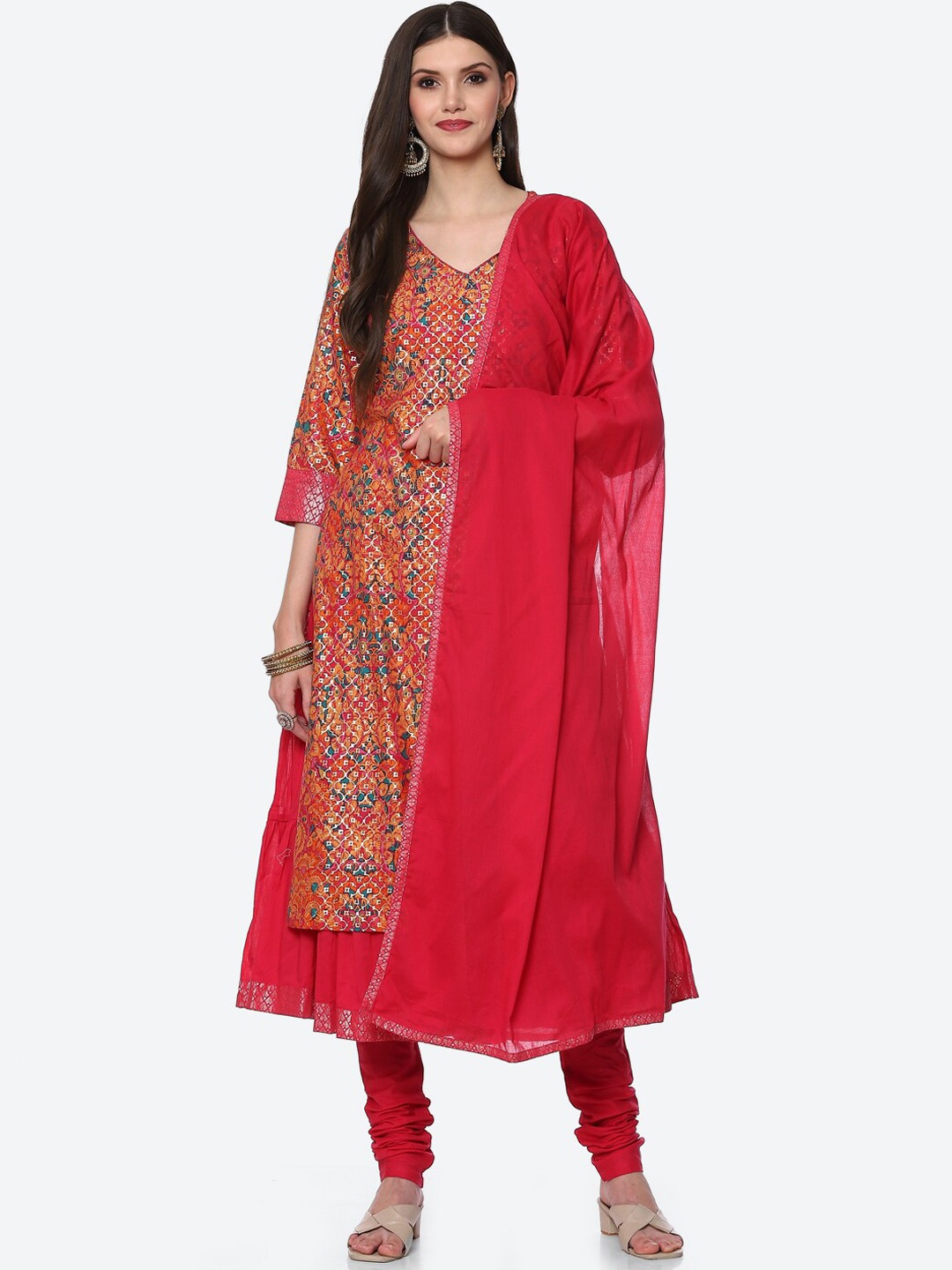 

Biba Women Fuchsia Floral Printed Layered Kurta with Churidar & With Dupatta