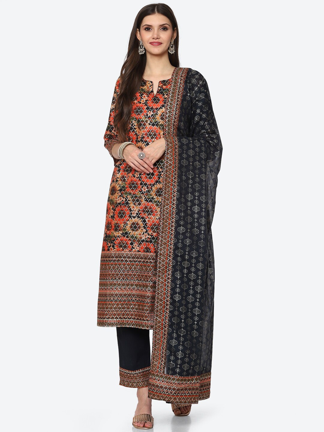 

Biba Women Black Ethnic Motifs Printed Kurta with Trousers & With Dupatta