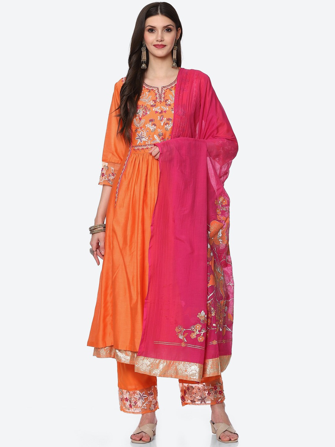 

Biba Women Orange Ethnic Motifs Yoke Design Pleated Chanderi Silk Kurta Set