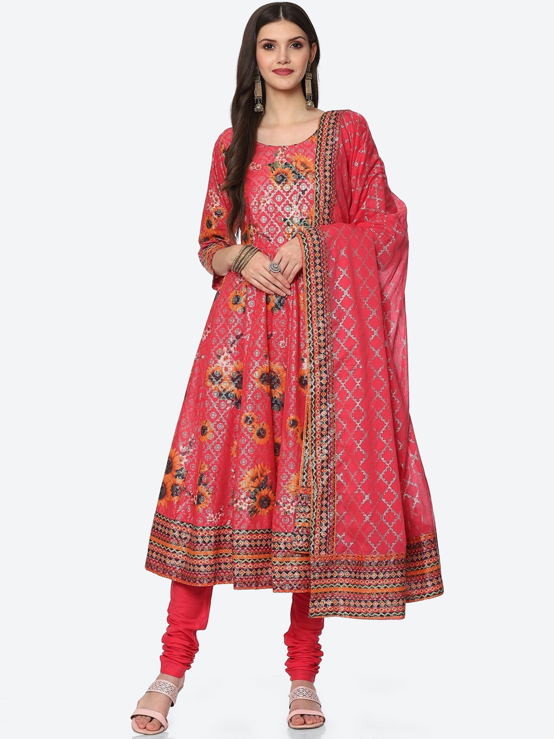 

Biba Women Fuchsia Floral Printed Panelled Kurta with Churidar & With Dupatta