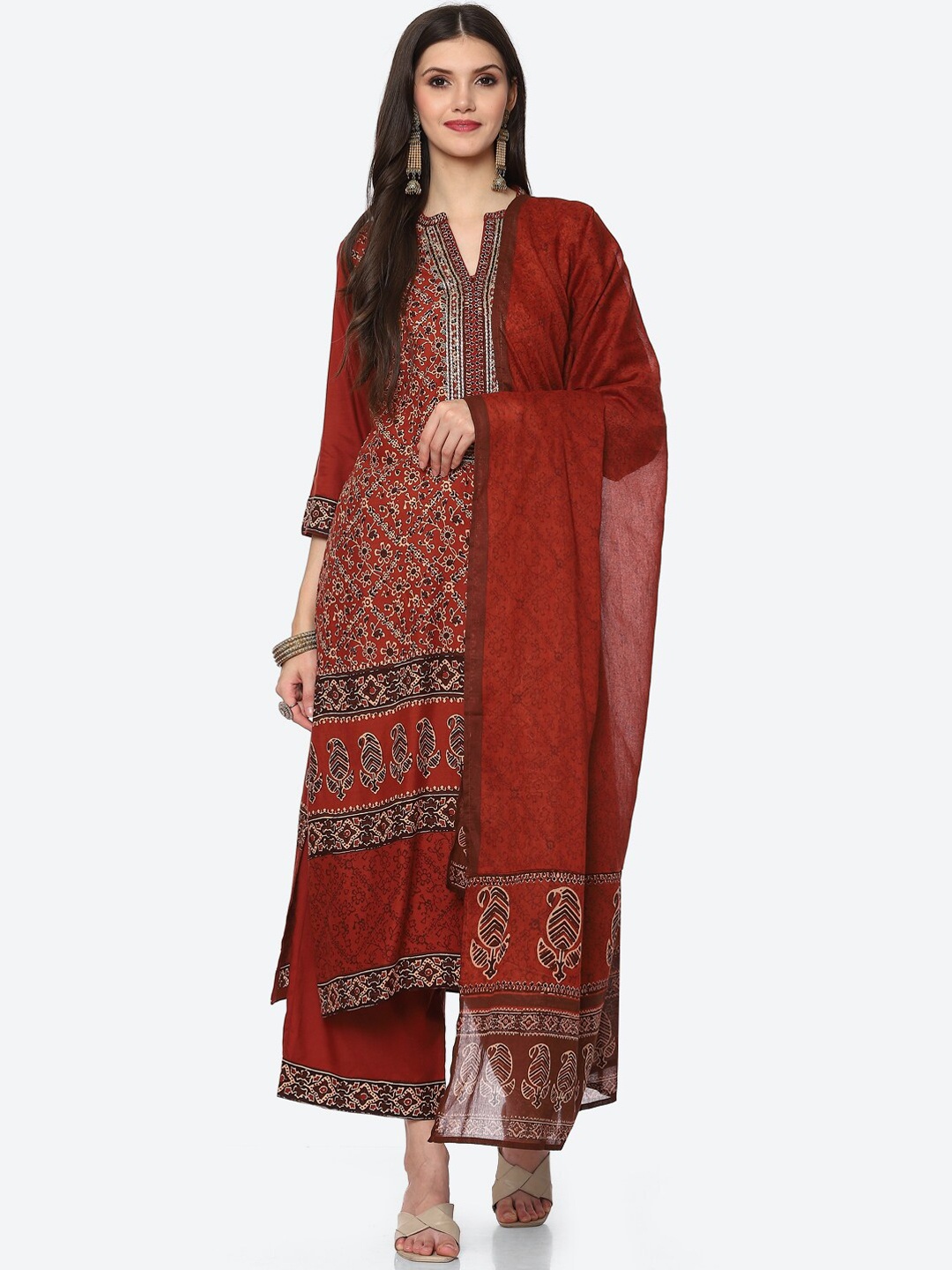 

Biba Women Rust Floral Printed Kurta with Palazzos & With Dupatta