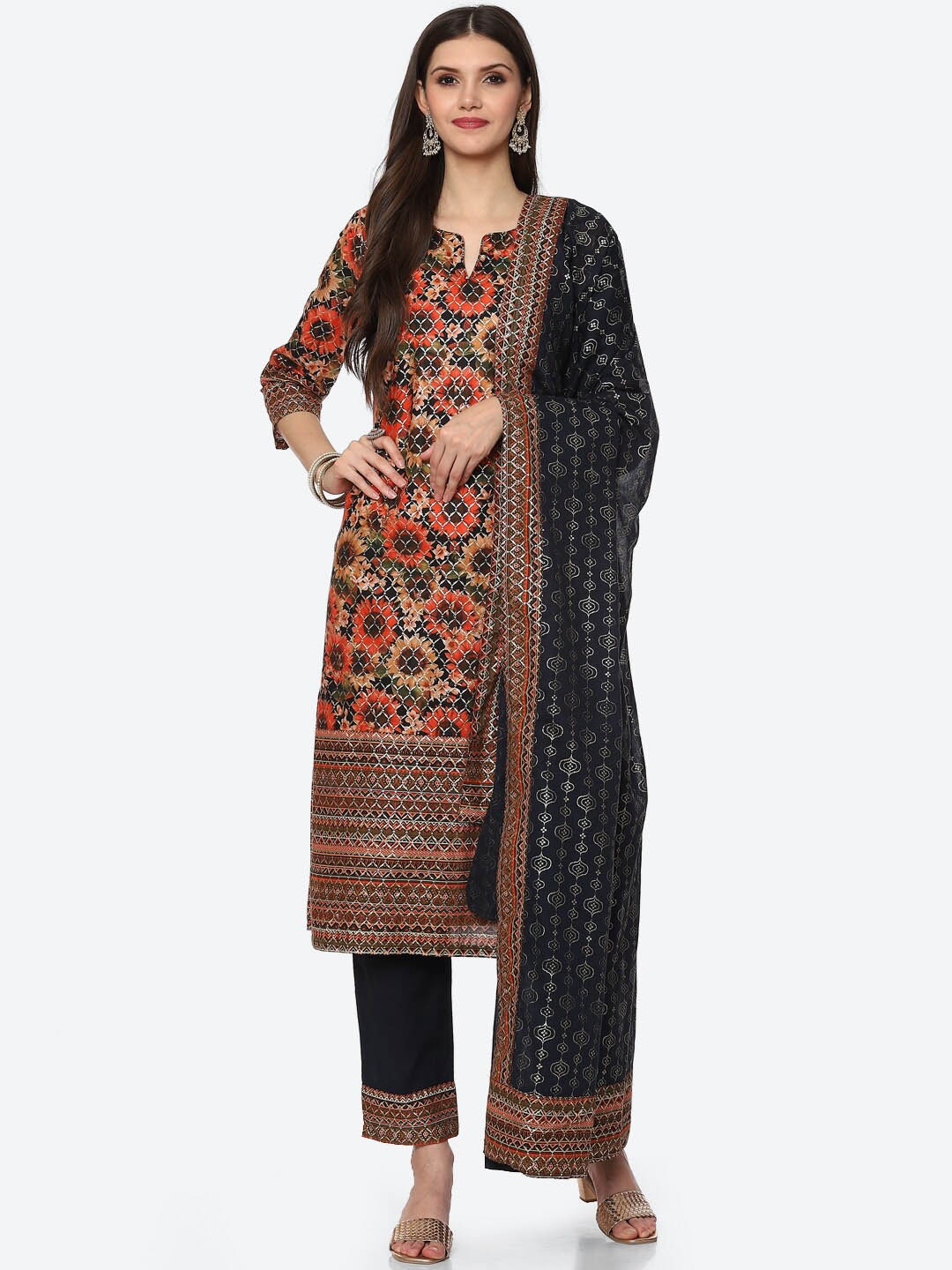 

Biba Women Black Floral Printed Kurta with Trousers & With Dupatta