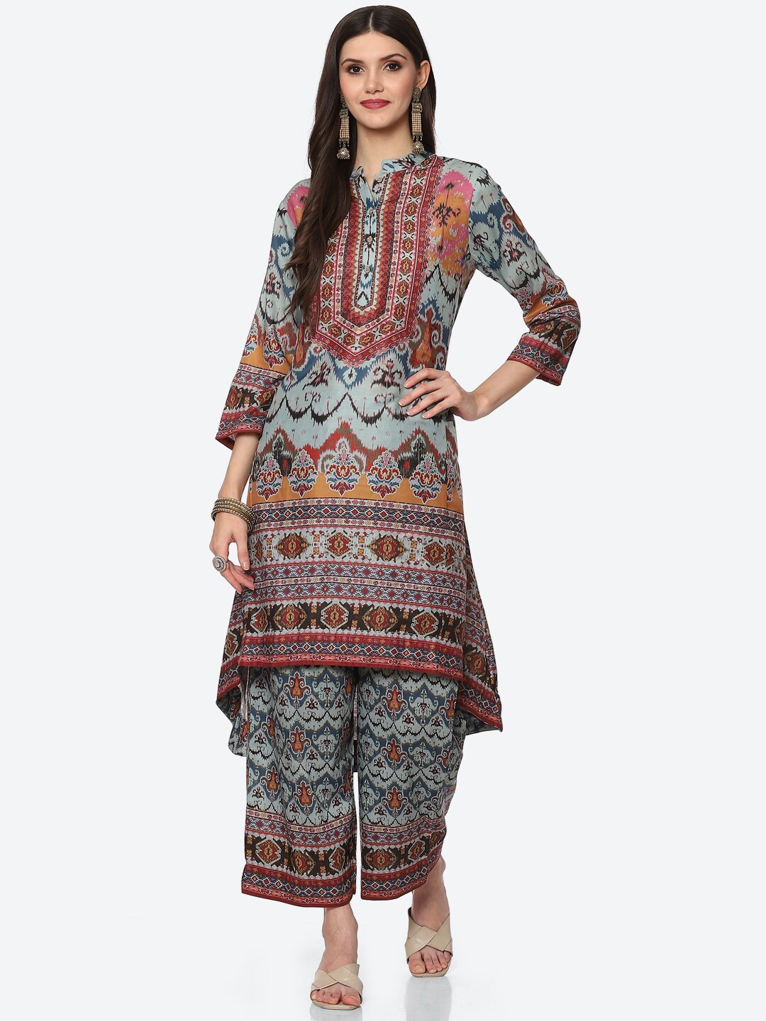 

Biba Women Blue Ethnic Motifs Printed High Low Kurta with Trousers