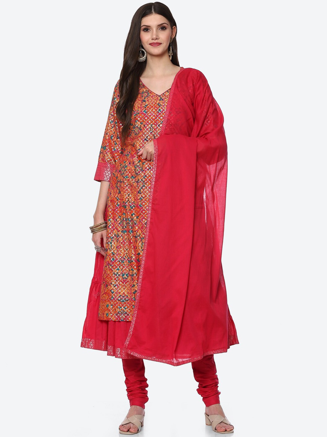 

Biba Women Fuchsia Floral Printed Layered Kurta with Churidar & With Dupatta