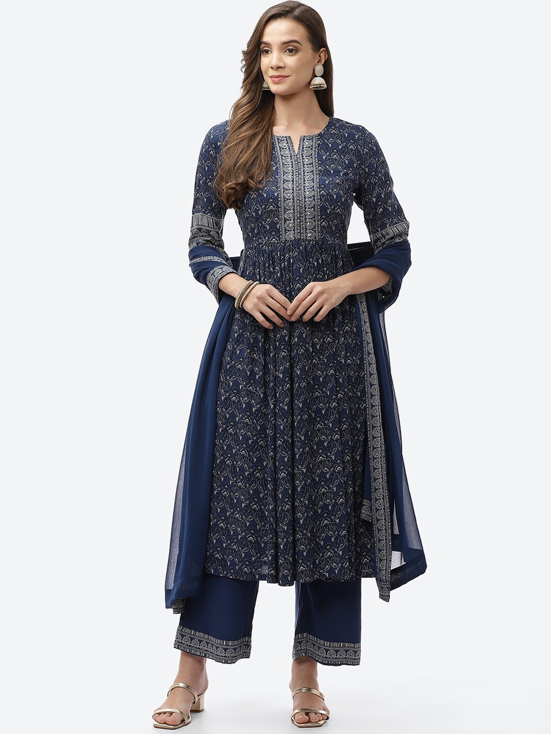 

Biba Women Blue Floral Printed Kurta with Palazzos & With Dupatta