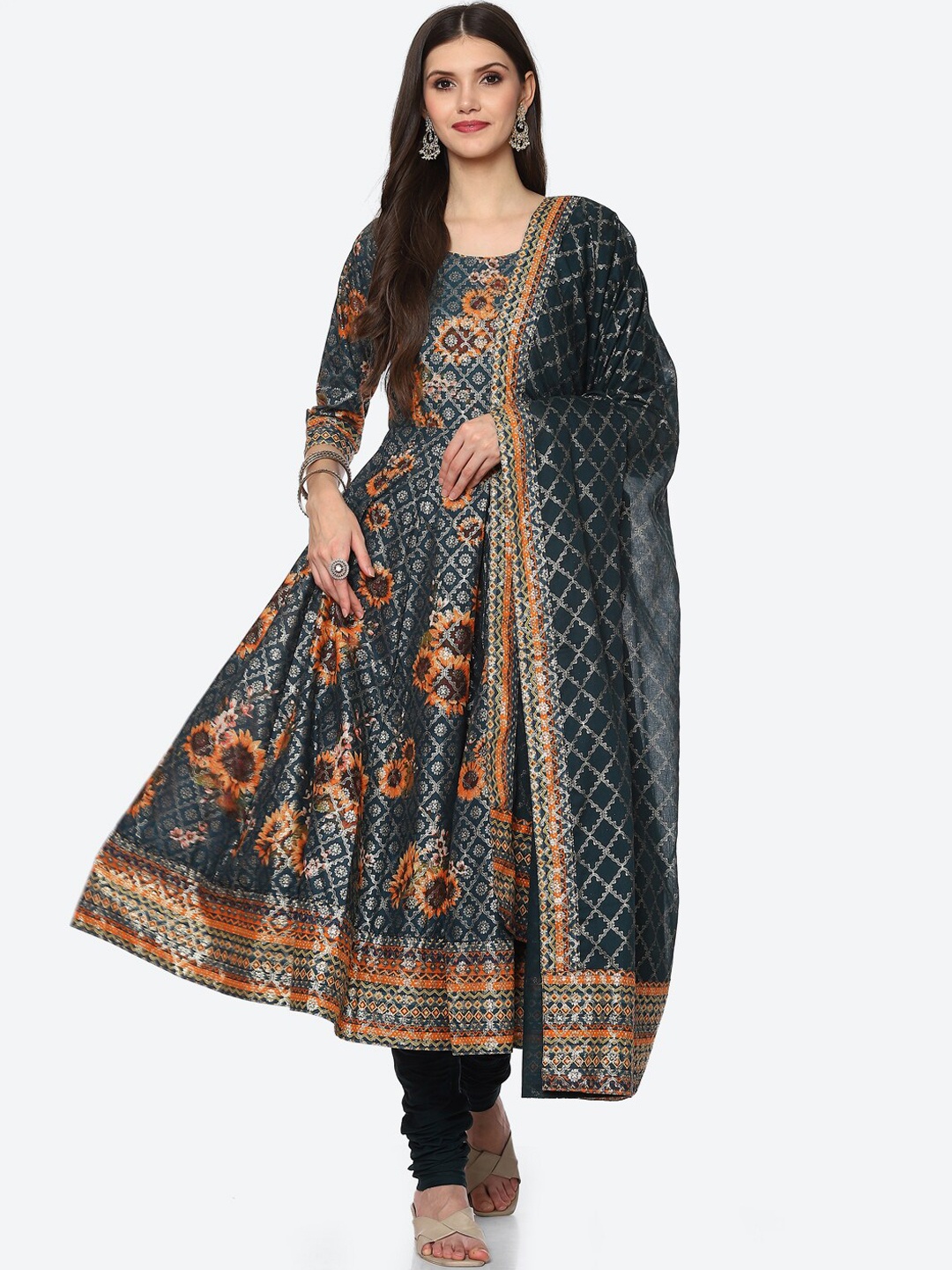 

Biba Women Blue Paisley Panelled Kurta with Churidar & Dupatta