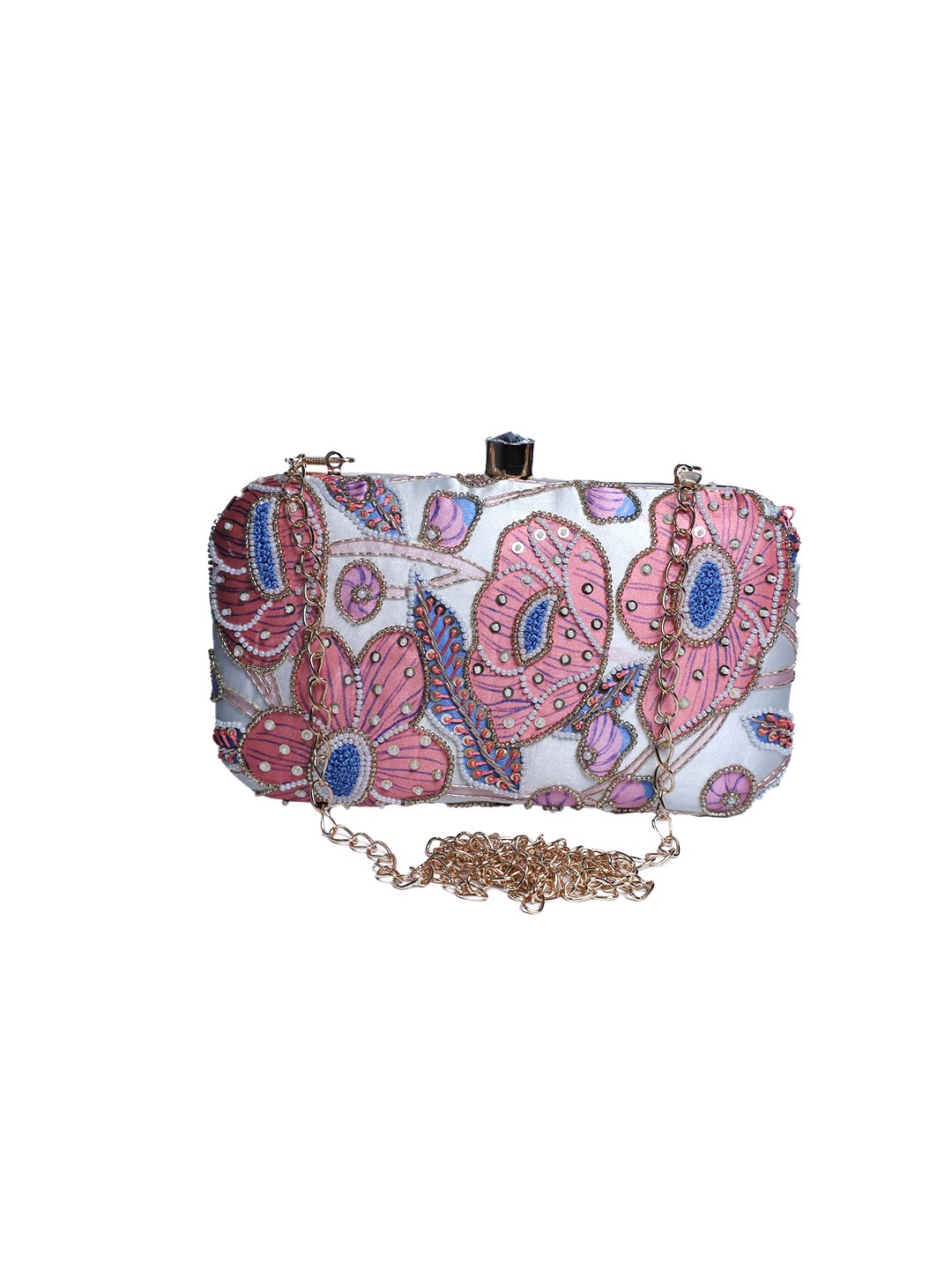 

Swisni Pink & White Embroidered Box Clutch