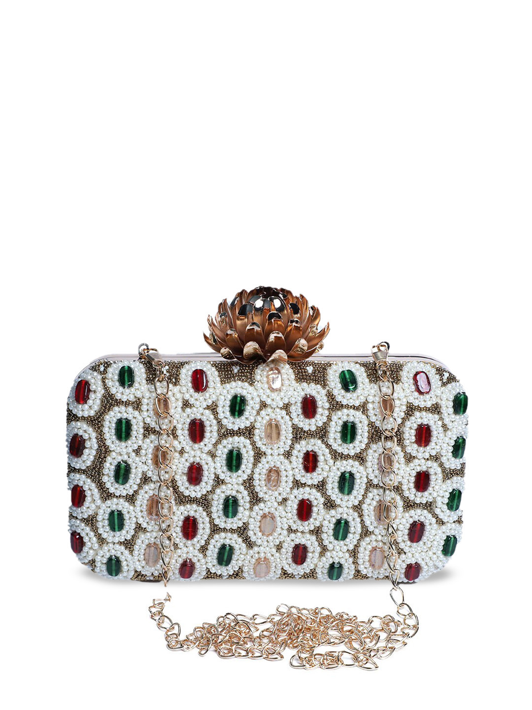 

Swisni White & Gold-Toned Embellished Purse Clutch