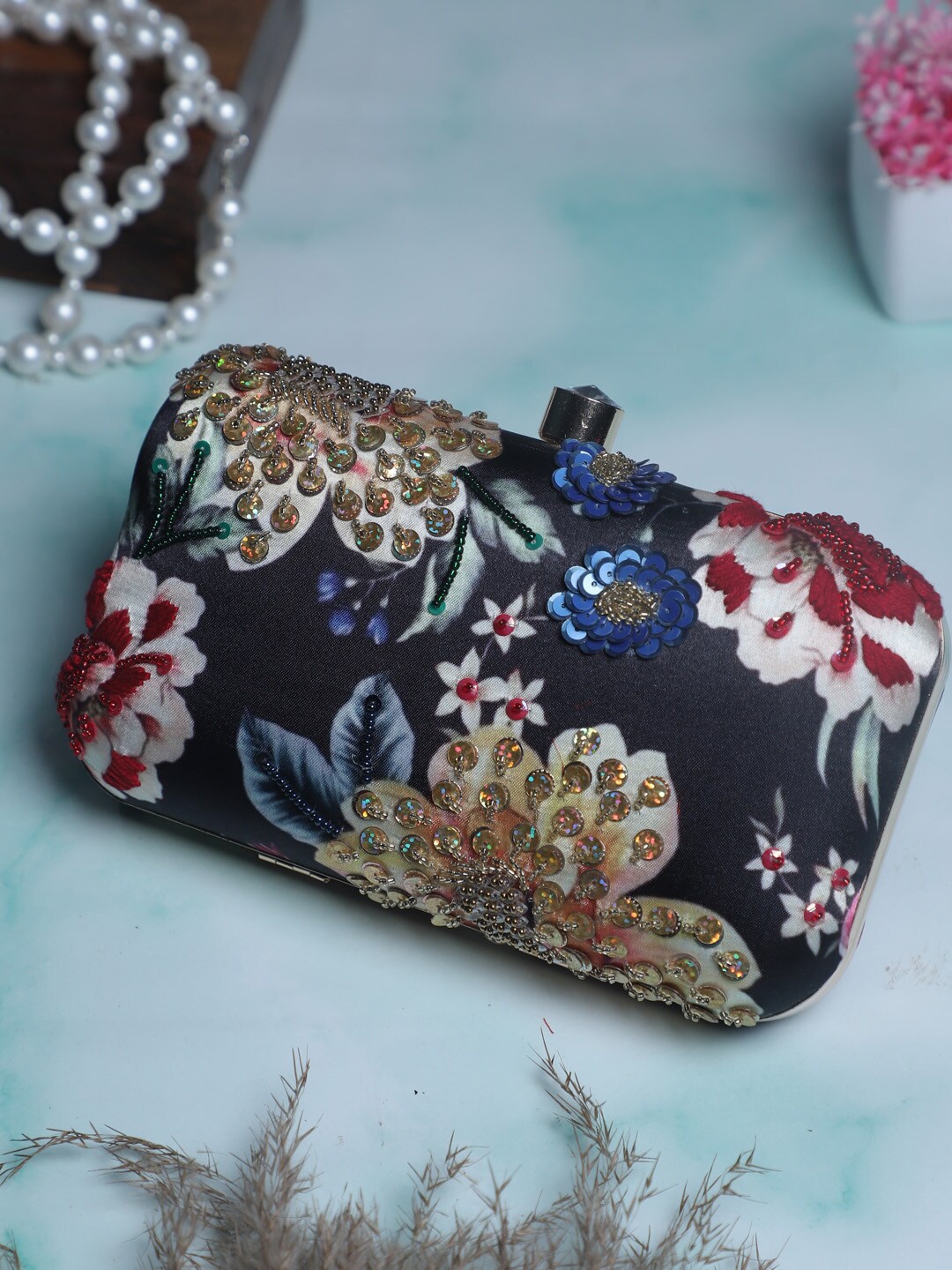 

Swisni Navy Blue & Red Embellished Box Clutch