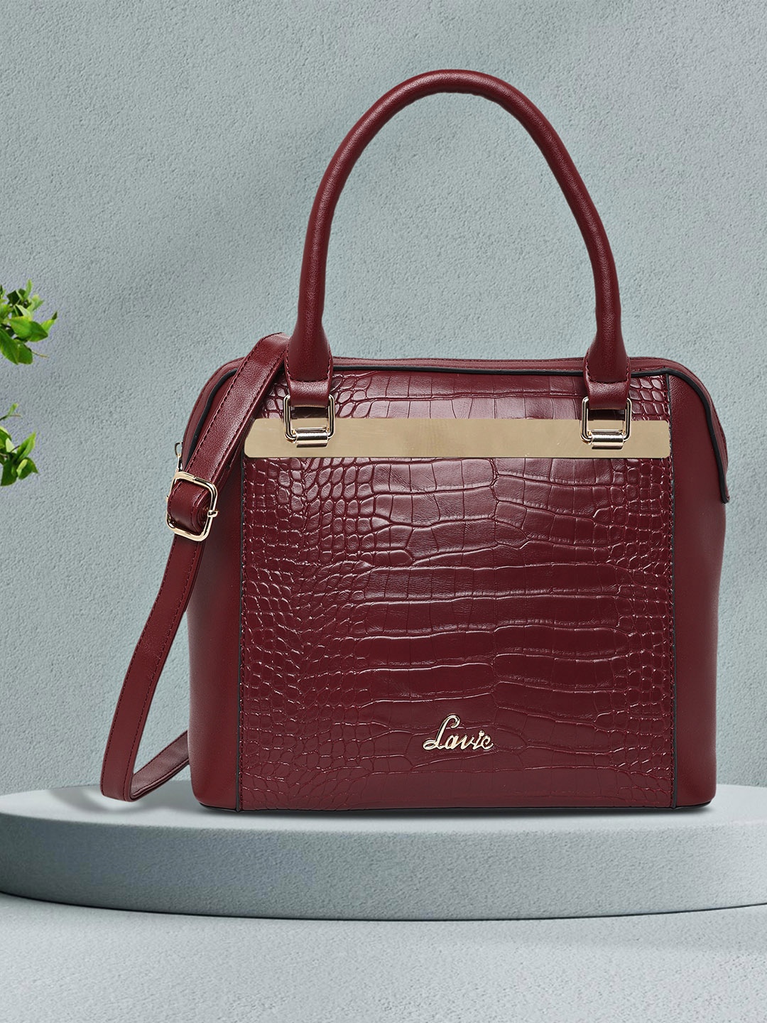 

Lavie Glossy Eero Maroon Animal Textured Structured Handheld Bag, Red