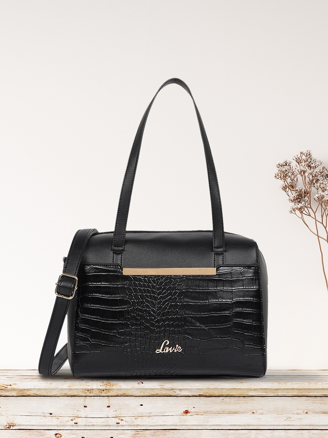 

Lavie Women Glossy Black Animal Textured Structured Croco Viga Box Shoulder Bag