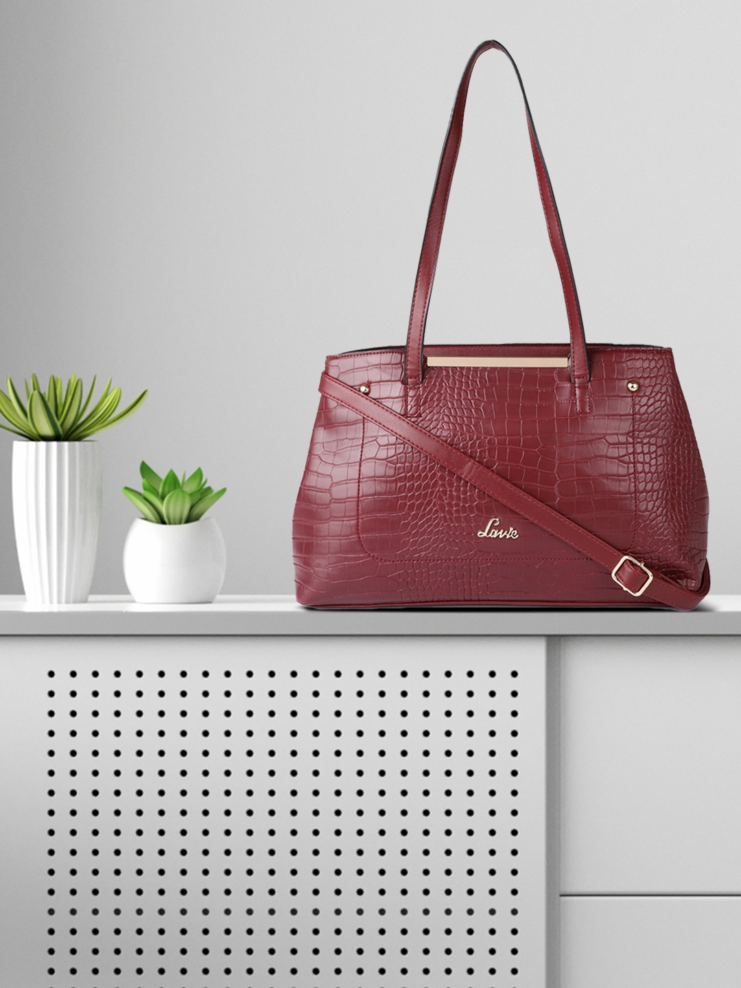 

Lavie Women Maroon Animal Textured Structured Glossy Croco Viga Medium Satchel Bag