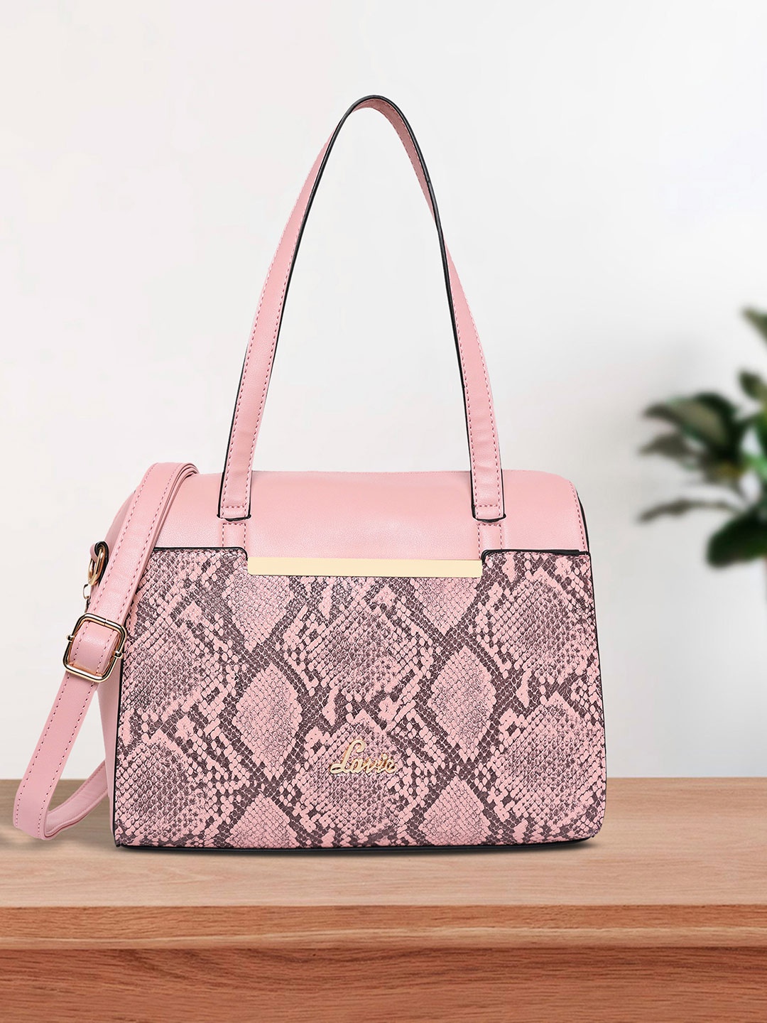 

Lavie Pyth Viga Pink Snake Skin Textured Structured Handheld Bag