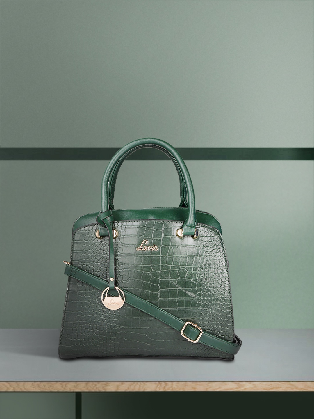 

Lavie Glossy Ushy Women Green Animal Textured Structured Medium Satchel Bag