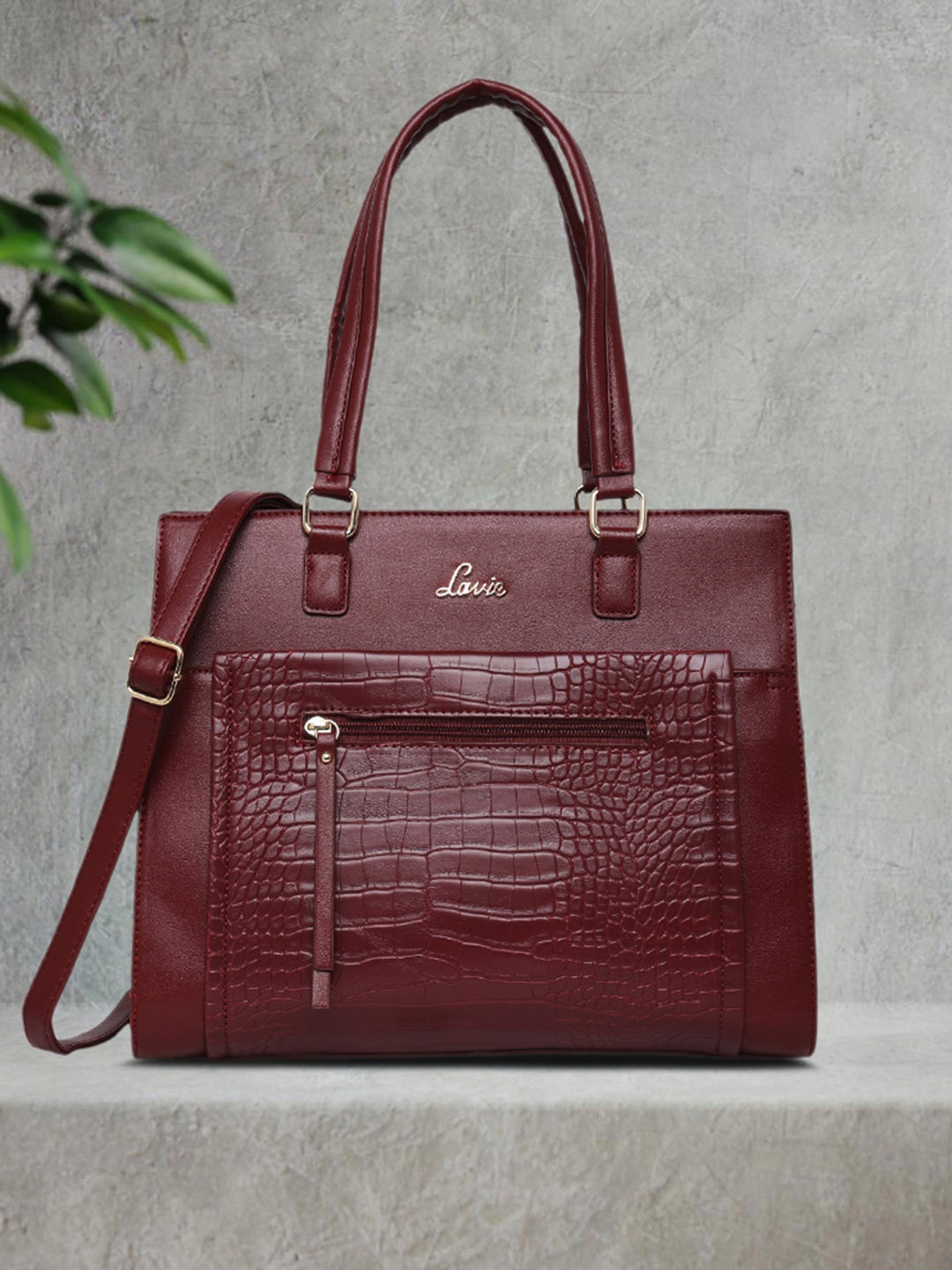 

Lavie Glossy Fair Women Maroon Animal Textured Structured Handheld Bag