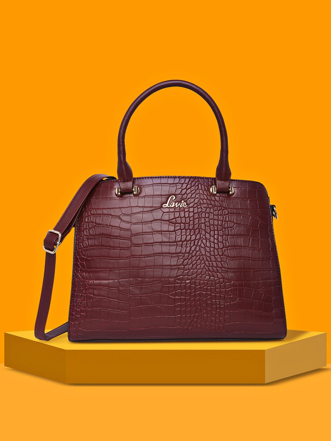 

Lavie Glossy Ushy Women Maroon Animal Textured Structured Medium Dome Satchel Bag