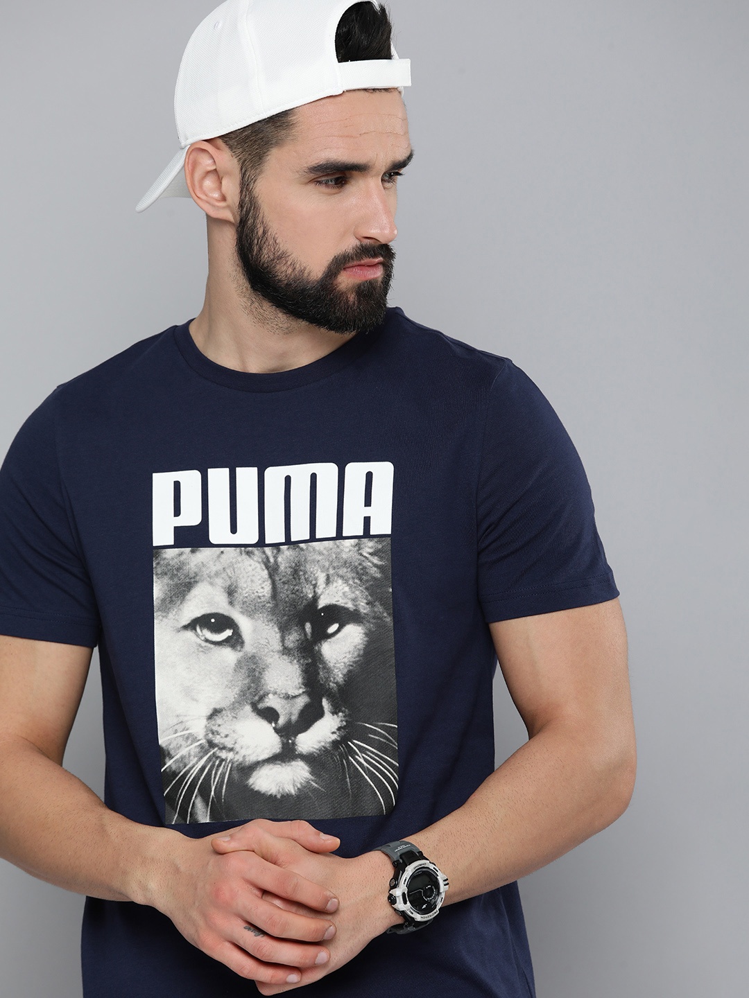 

Puma Men Navy Blue & White Cat Graphic Printed Slim Fit T-shirt