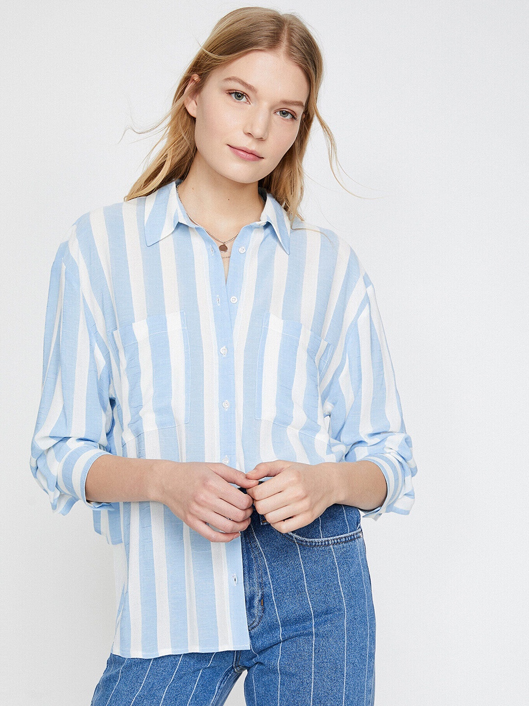 

Koton Women Blue & White Striped Casual Shirt