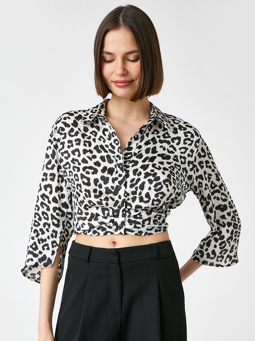 

Koton White & Black Animal Print Shirt Style Crop Top