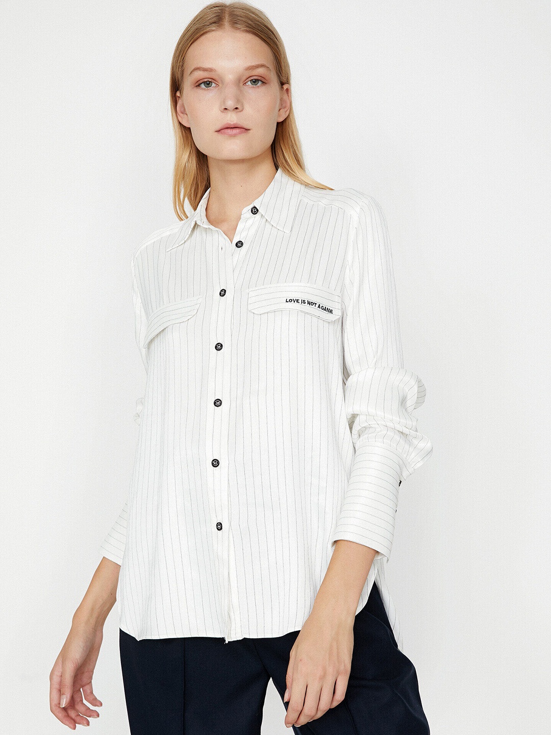 

Koton Women White & Black Striped High-Low Casual Shirt