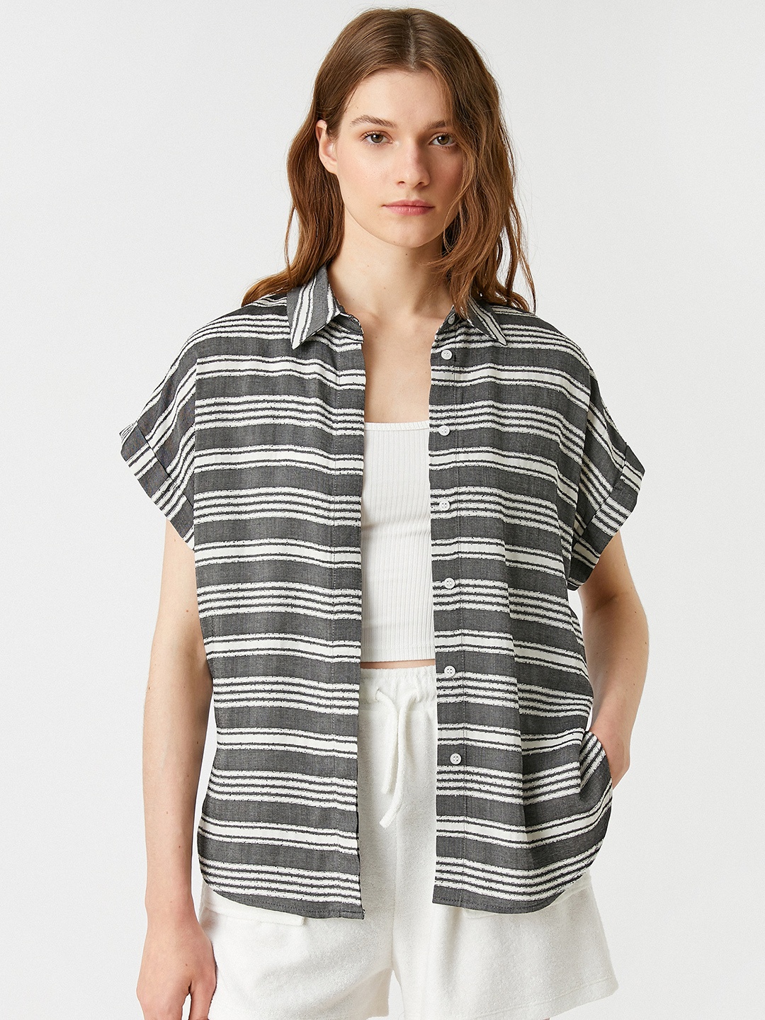

Koton Grey & White Striped Extended Sleeves Casual Shirt