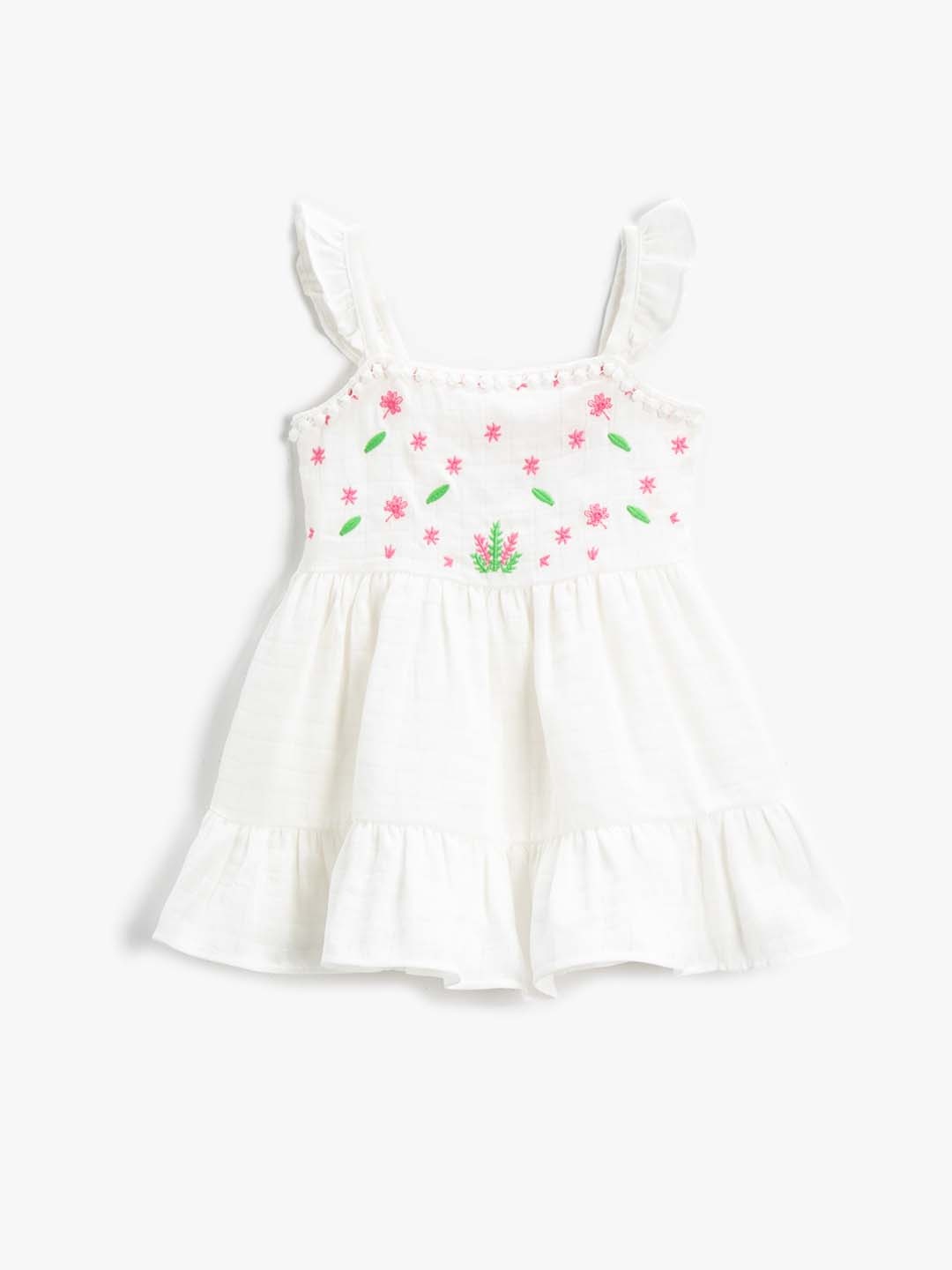 

Koton Girls Off White & Pink Floral Embroidered Pure Cotton Fit and Flare Dress