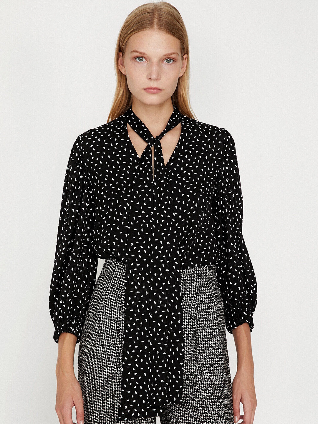 

Koton Women Black & White Printed Tie-Up Neck Casual Shirt