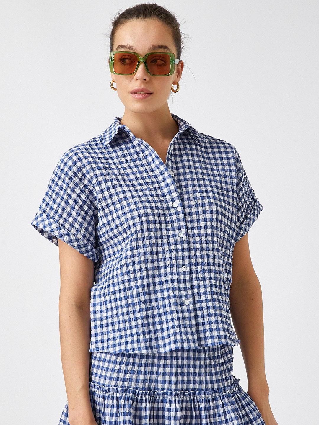 

Koton Women Navy Blue Gingham Checked Seer Sucker Casual Shirt