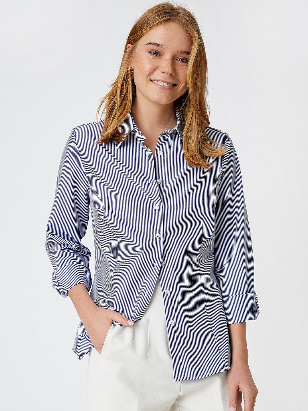

Koton Women Navy Blue & White Striped Casual Shirt