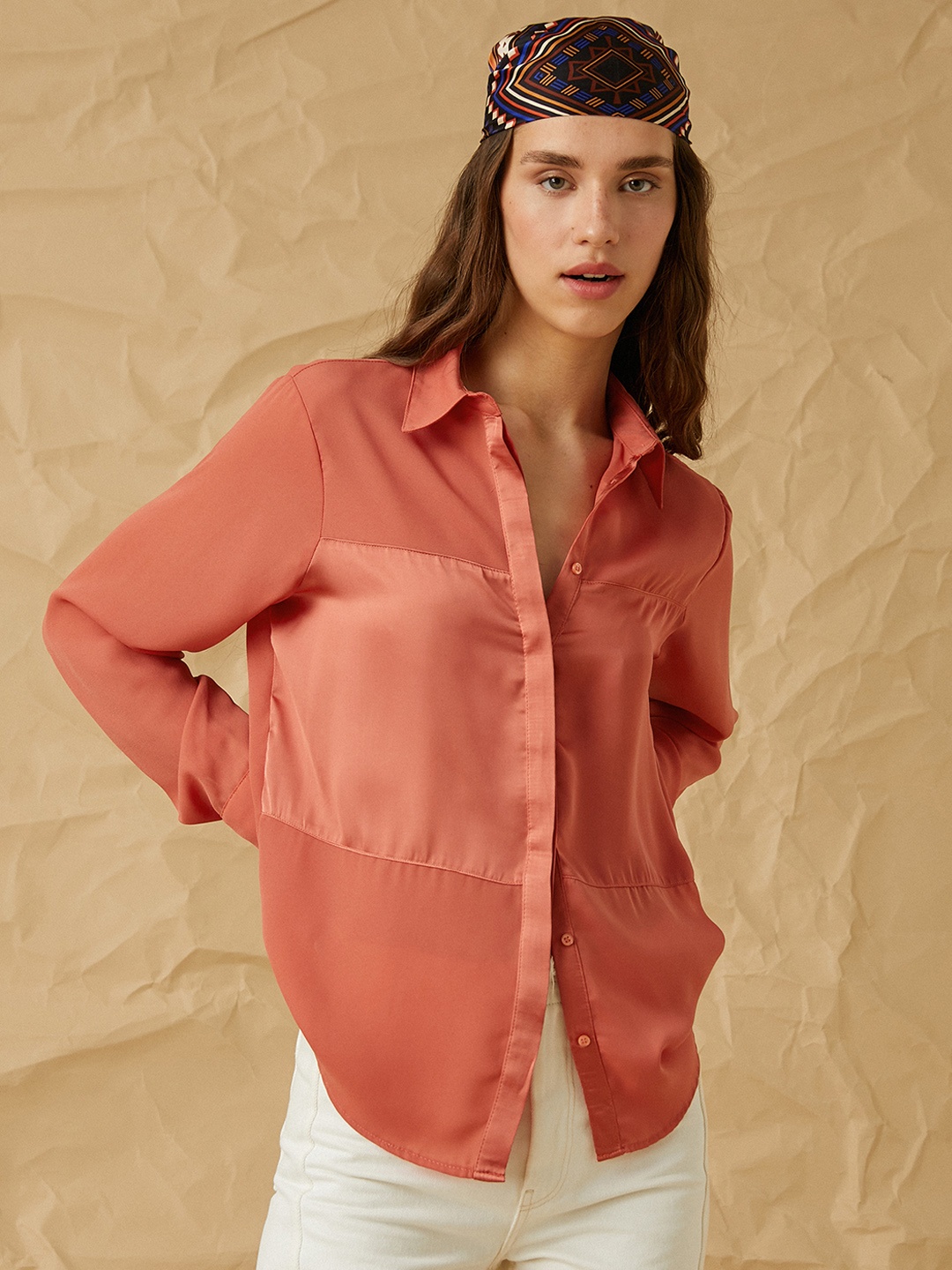 

Koton Women Coral Orange Solid Casual Shirt