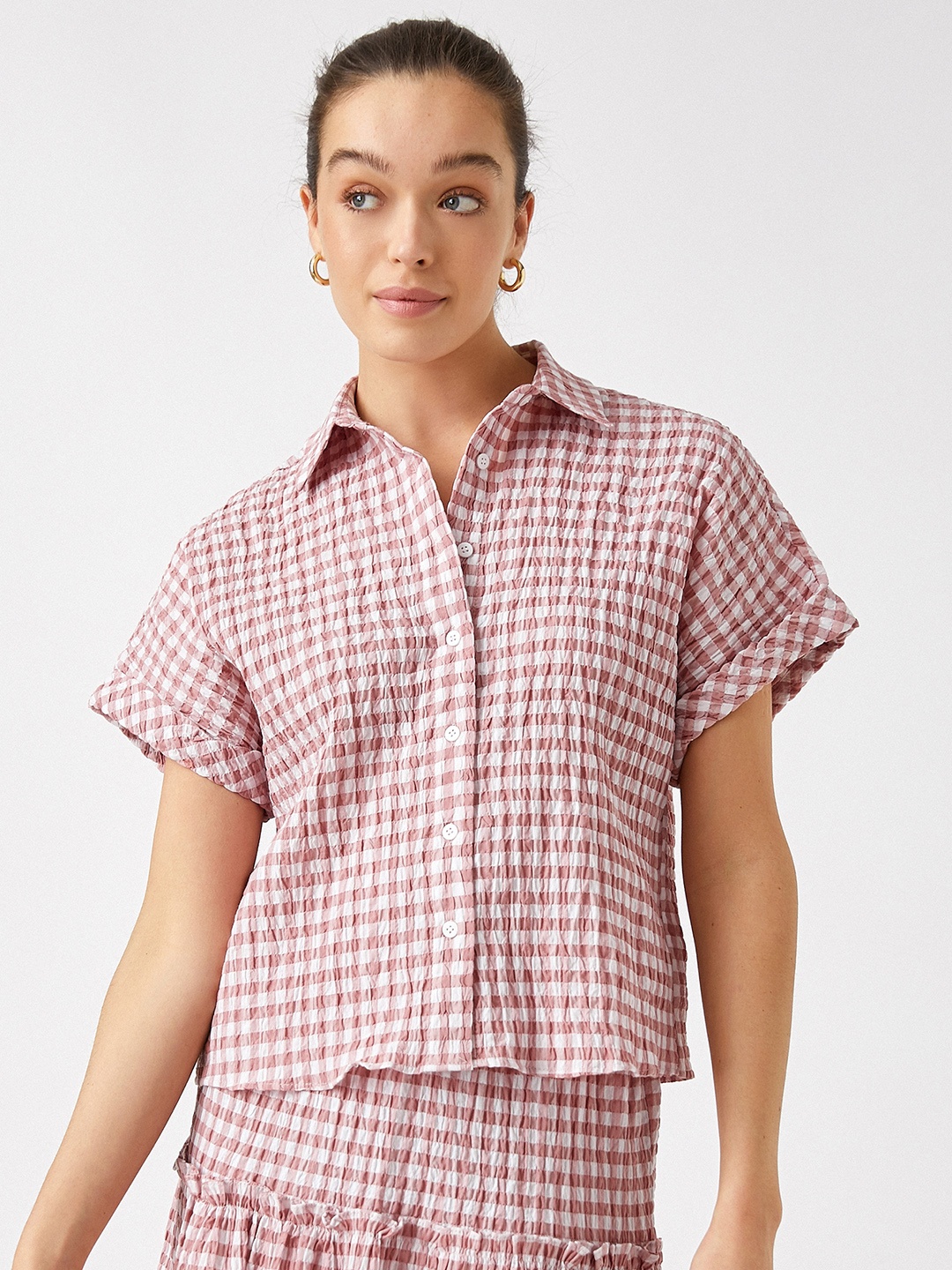 

Koton Women Pink Gingham Checked Seer Sucker Casual Shirt