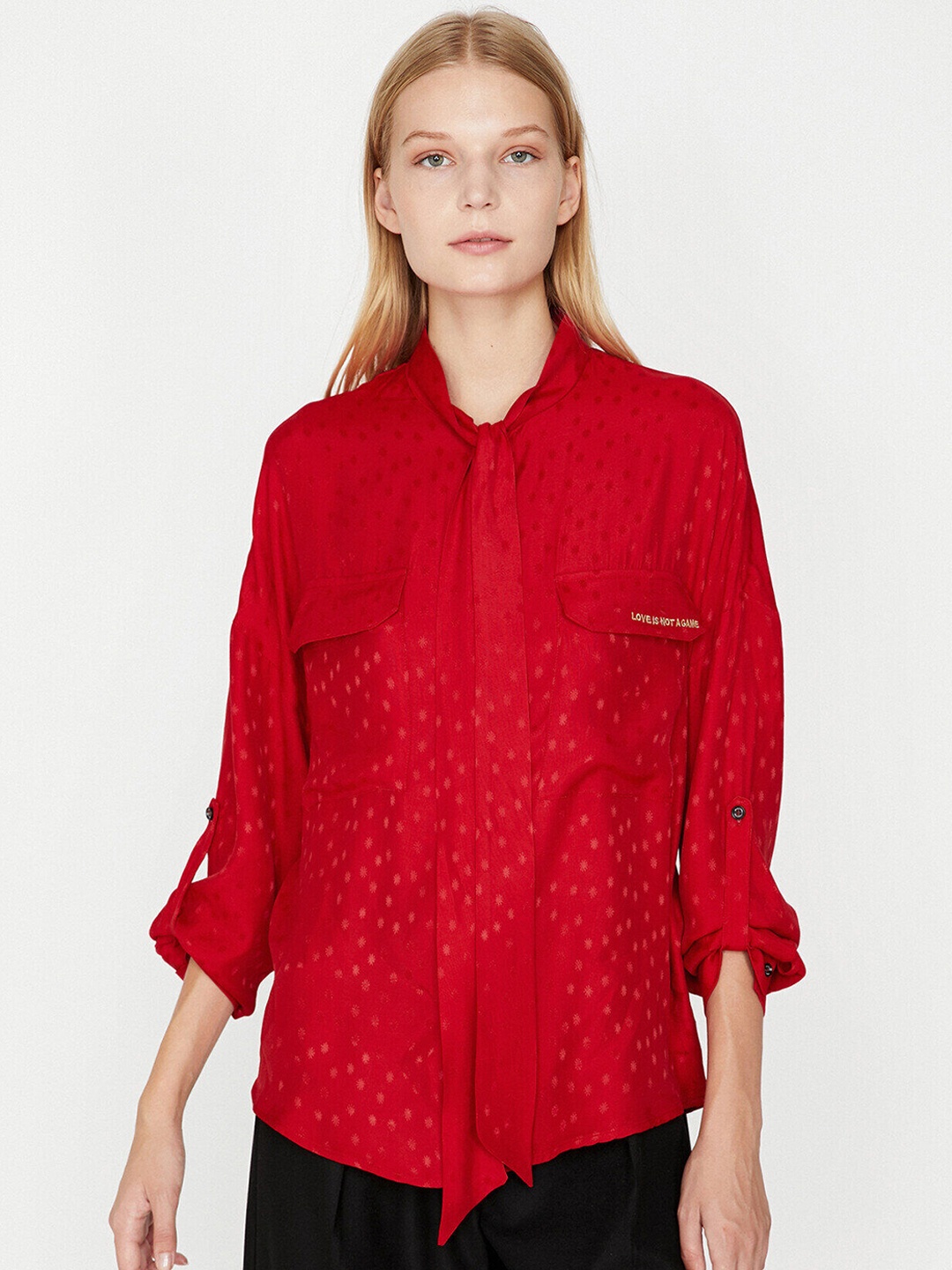 

Koton Women Red Self-Design Tie-Up Neck Casual Shirt